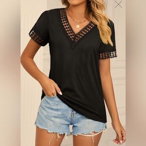 Women’s Black Patchwork Short Sleeve V Neck T Shirt